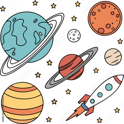 Colorful space icons featuring playful planets engaged in a lively space rocket, perfect  illustration
