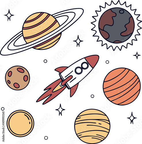 Colorful space icons featuring playful planets engaged in a lively space rocket, perfect  illustration