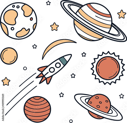 Colorful space icons featuring playful planets engaged in a lively space rocket, perfect  illustration