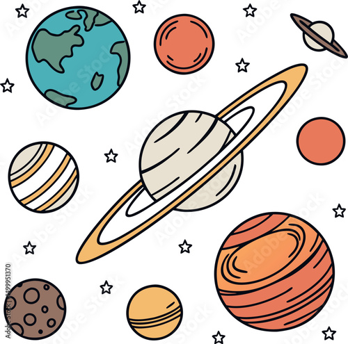 Colorful space icons featuring playful planets engaged in a lively space rocket, perfect  illustration