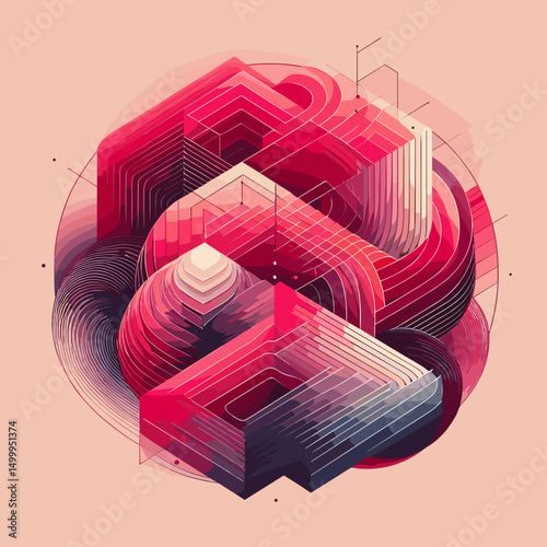 Abstract geometric 3D shapes with gradients and lines in a modern artistic composition with copy space