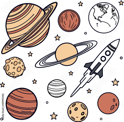 Colorful space icons featuring playful planets engaged in a lively space rocket, perfect  illustration