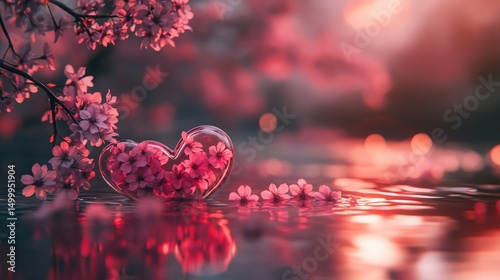 Pink cherry blossoms or heart shapes glow on water. water reflection bokeh background after the rain twilight or sunrise,