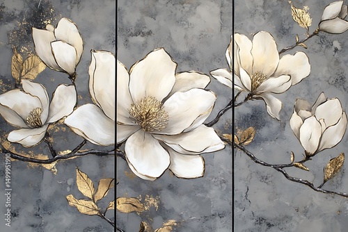 Splendid ivory magnolia flowers with golden accents bloom on a textured gray background, creating a stunning botanical artwork