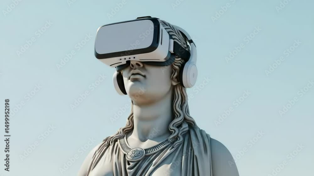 Ancient greek woman statue wearing virtual reality headset and headphones. Modern technology and classic art fusion concept footage.