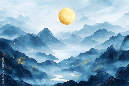 Majestic blue mountains meet misty skies under a golden sun in an ethereal landscape
