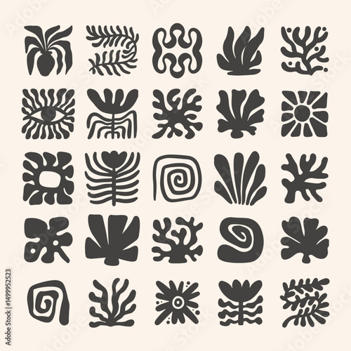 Trendy retro 60s 70s inspired groovy floral summer elements set with leaf shapes, flowers, shell, sea coral and sun, blending modern and organic elements. Vector flat illustration.