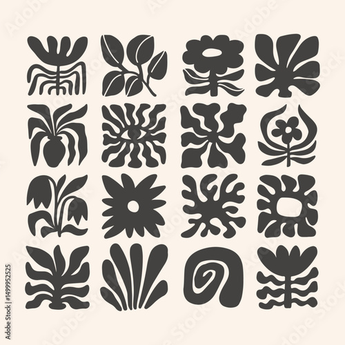 Trendy retro 70s-inspired groovy floral summer elements with leaf shapes, flowers blending modern and organic elements. Vector simple flat illustration.