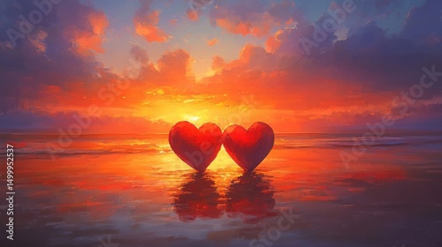 Two hearts on a sandy beach, against the background of a beautiful sunset 