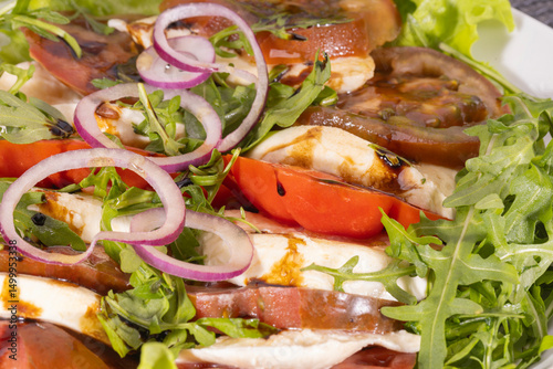 Fresh vegetable salad with mozzarella cheese and vinaigrette dressing, close up