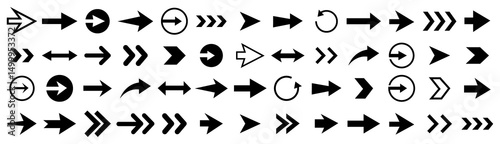 Set of various arrow icons signs and direction pointers. Black arrow icon symbol shape isolated in white background for design project.