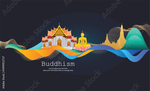 Template banner buddhism vector illustration background - Magha Puja, Asanha Puja, Vesak Puja Day, Thailand culture