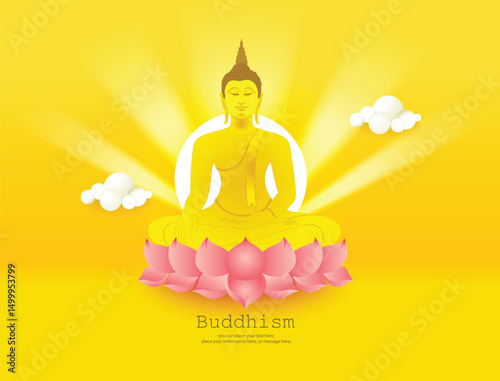Buddha sitting on a lotus with yellow vector illustration background - Magha Puja, Asanha Puja, Vesak Puja Day, Thailand culture