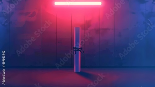 A mysterious package secured with straps stands in a dimly lit room with neon lights.  Concept of secrecy, mystery, delivery, or hidden information.