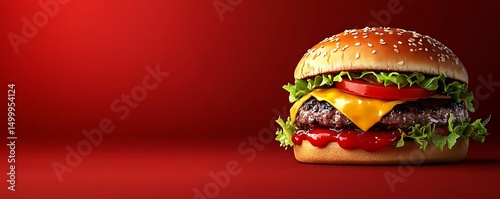 Juicy burger, red backdrop, food ad