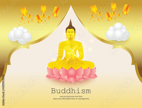 Buddha sitting on a lotus for social media posts vector illustration background - Buddhism Magha Puja, Asanha Puja, Vesak Puja Day, Thailand culture