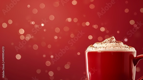 Close up of a red mug filled with hot chocolate topped with whipped cream and cocoa powder against a bokeh background. Festive winter drink concept.