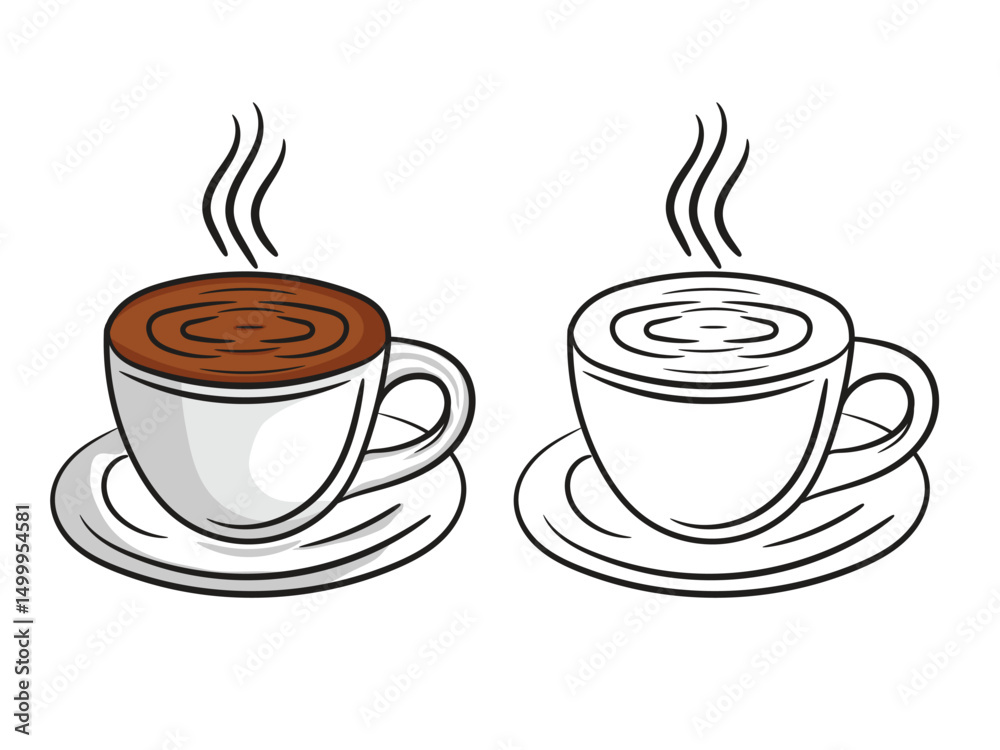 Obraz premium Vector Illustration of a Cup of Coffee on a Saucer, Cartoon Clipart and Line Art Design,brown,fresh,break, vintage