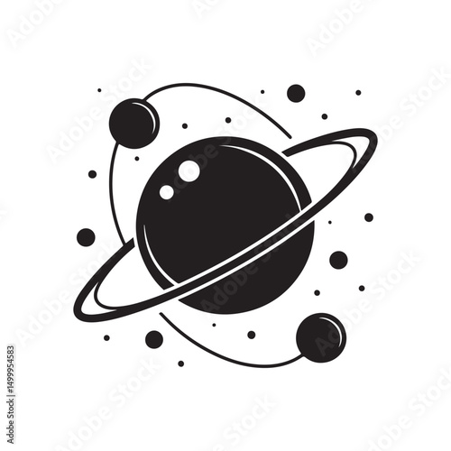 Black and White Planet with Orbiting Moons Silhouette