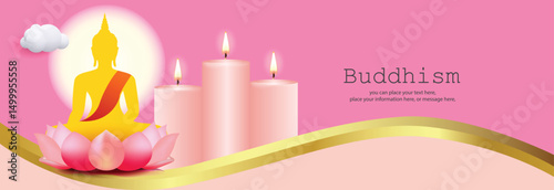 Buddha sitting on a lotus for social media posts on pink vector illustration background - Buddhism Magha Puja, Asanha Puja, Vesak Puja Day, Thailand culture
