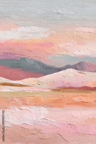 A painterly abstract landscape featuring gentle hills and a horizon line in soft pastel tones of pink, peach, and gray, textured brush strokes, modern wall print style.