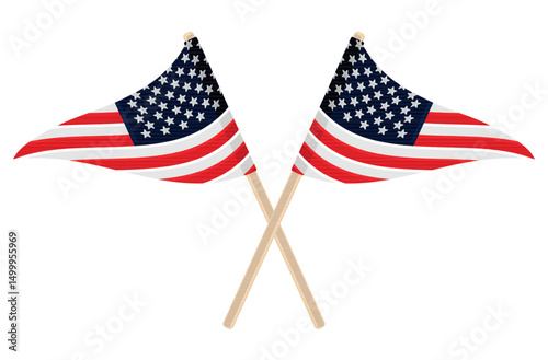 Two United States Flags Crossed on Wooden Poles in Patriotic Display for National Celebration