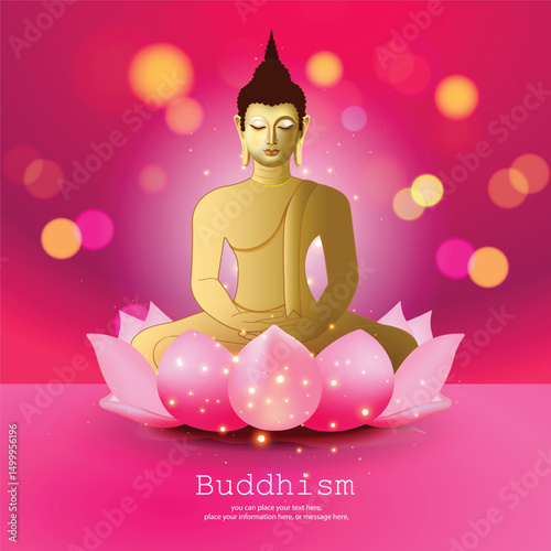 Buddha statue in meditation posture on a lotus for social media posts on pink vector illustration background - Buddhism Magha Puja, Asanha Puja, Vesak Puja Day, Thailand culture