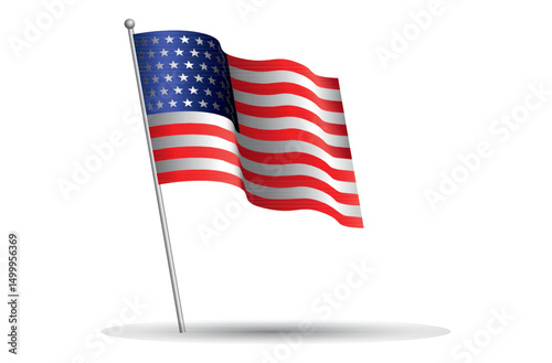 Waving American Flag with Stars and Stripes in Red White and Blue Colors on a White Background