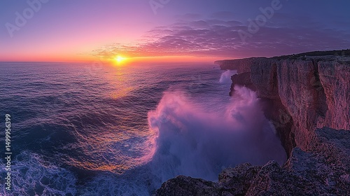 Dramatic Coastal Sunrise with Golden Waves Wide Background photo