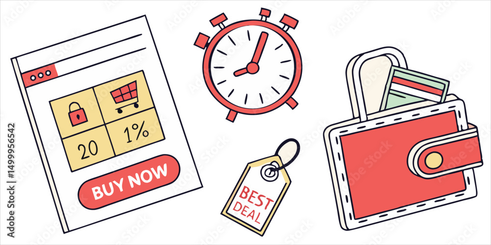 Fototapeta premium Vector illustration of mobile app, stopwatch, best deal tag and wallet with credit cards