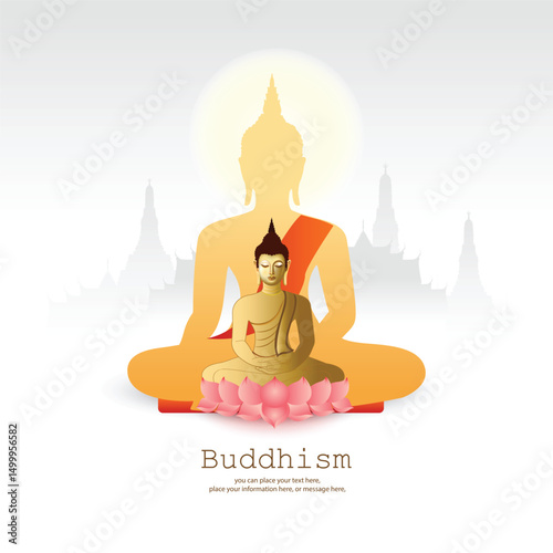 Buddha statue in meditation posture sitting on a lotus for social media posts on pink vector illustration background - Buddhism Magha Puja, Asanha Puja, Vesak Puja Day, Thailand culture