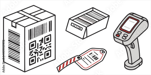 Vector illustration of box with barcode and qr code, price label, barcode scanner and box with files in linear style