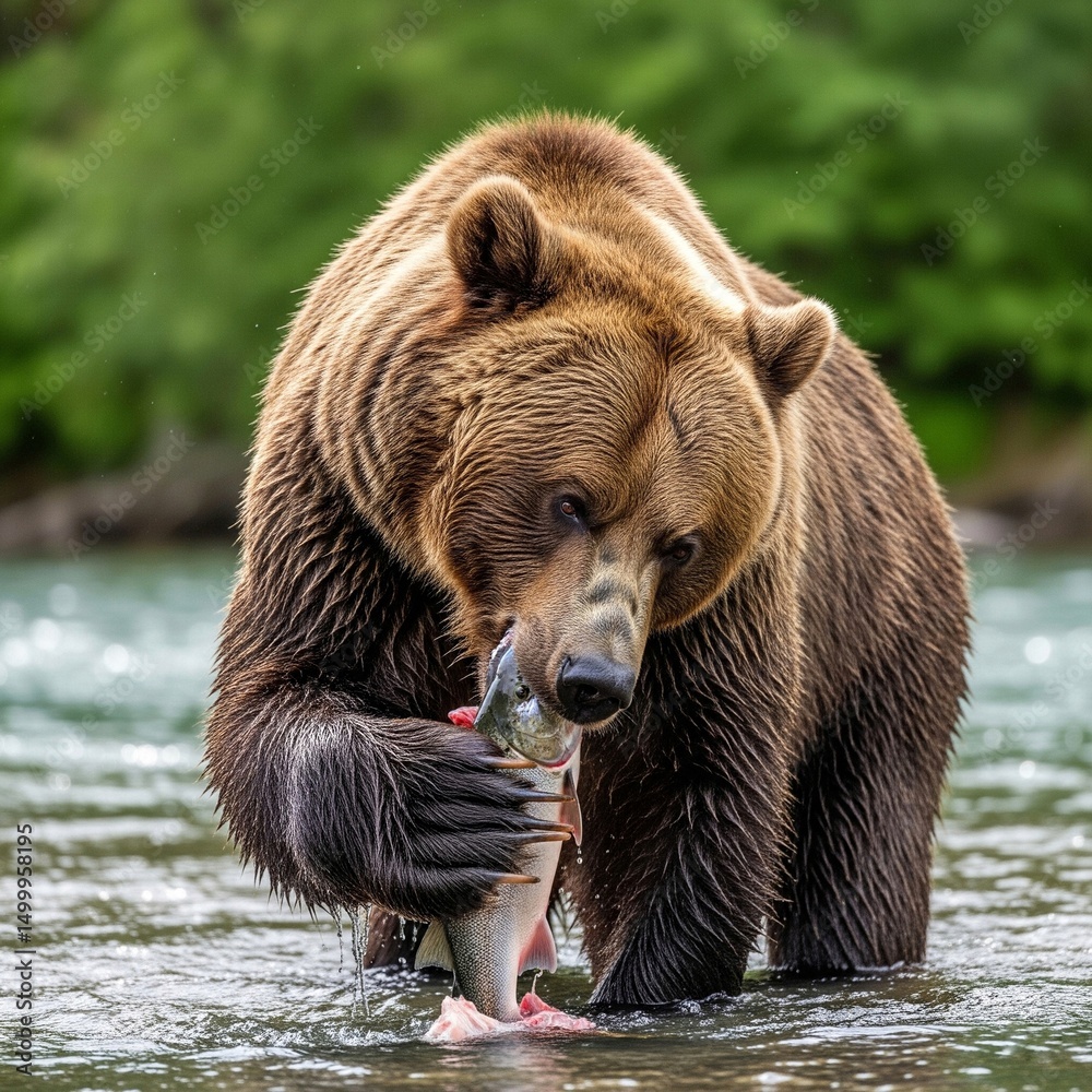 Fototapeta premium bear eating salmon in the river