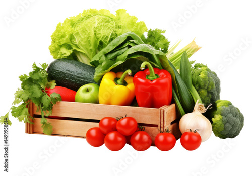 Fresh organic vegetables wooden crate isolated on a white background, Png Transparent Background