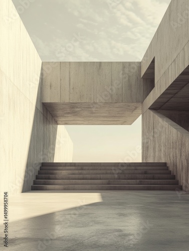 3D render of abstract modern concrete architecture with empty cement floor, minimal exterior space