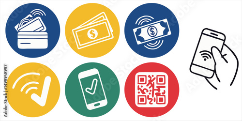 Vector icons for payment methods in colorful circles featuring contactless card, cash, qr code, and mobile payment with a phone