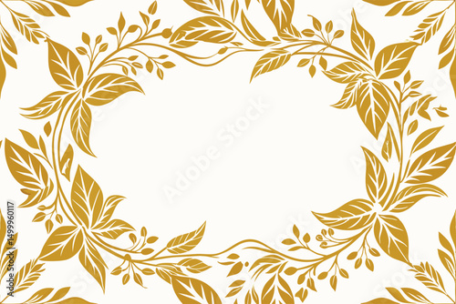 Vector Golden Floral Line Frame, Luxury Leaves Plant Border. Wedding Elegant Card, Nature Royal Garden Drawing. Vintage Blossom Decor.
