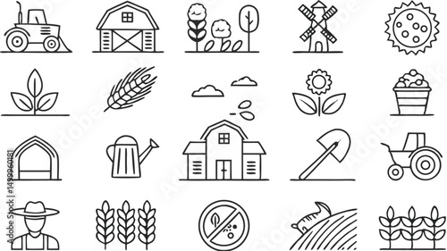 Farmer icons set. Outline set of farmer vector icons for web design isolated on a seamless vector doodle illustration in black and white background