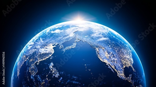 Fototapeta Naklejka Na Ścianę i Meble -  Earth From Space at Sunrise - Stunning view of planet Earth from space, illuminated by the rising sun. City lights are visible at night