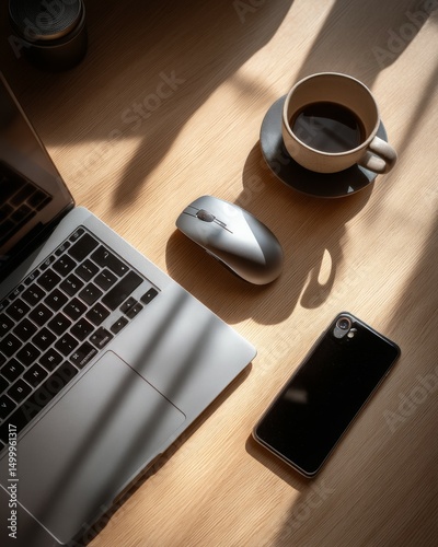 top view of a modern office desk with a silver laptop, wireless mouse, smartphone, black coffee in a ceramic cup