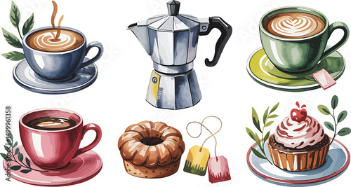 Watercolor illustration of coffee cups moka pot cake and tea bags for cafe and bakery designs