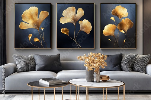 Three golden ginkgo leaf paintings enhance the serene living room decor with neutral accents