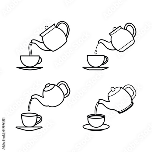 A set of a teapot pouring tea into a teacup on a sauce line art vector illustration