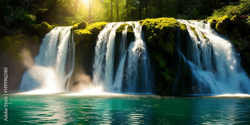Sunlit Waterfall Flowing into Calm Turquoise Lagoon

