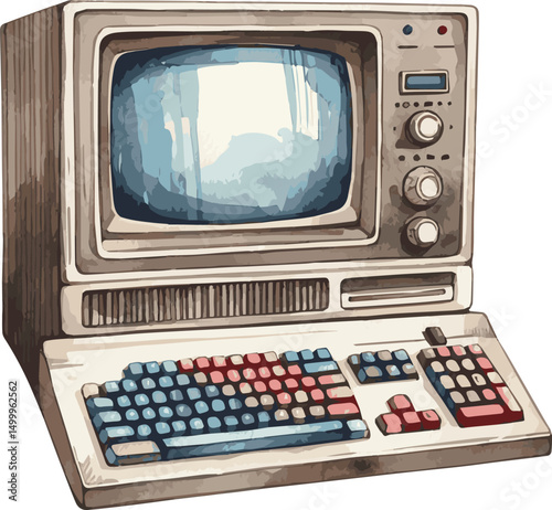Vector watercolor painted illustration of a retro computer