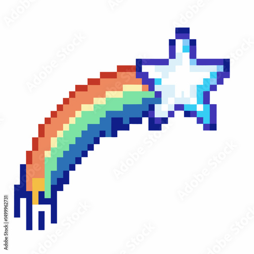 pixel art shooting star with rainbow trail retro digital design, vibrant colors in mosaic
