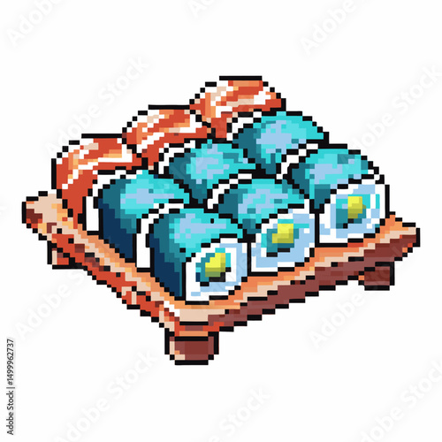pixel art sushi platter vibrant salmon nigiri and avocado rolls on wooden board