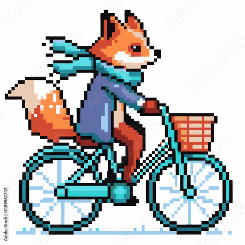 Pixel art fox riding bicycle with basket and scarf cozy animal cycling adventure
