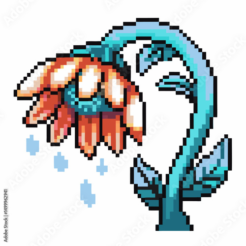 pixel art drooping flower with falling petals, retro gaming illustration