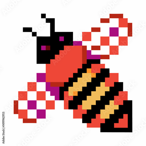 Pixel art bee buzzing with checkered wings in vibrant digital animation
